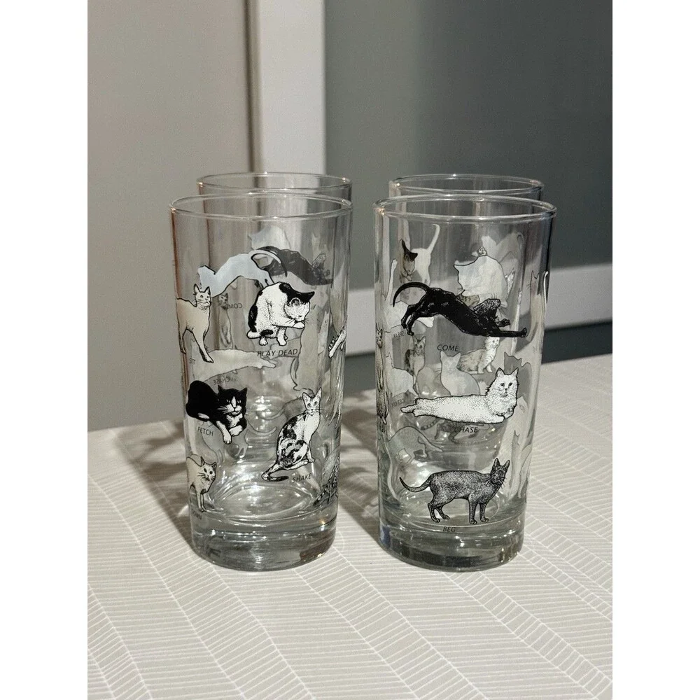 Fishs Eddy Cat Tricks Highball Glass Cups Set of 4